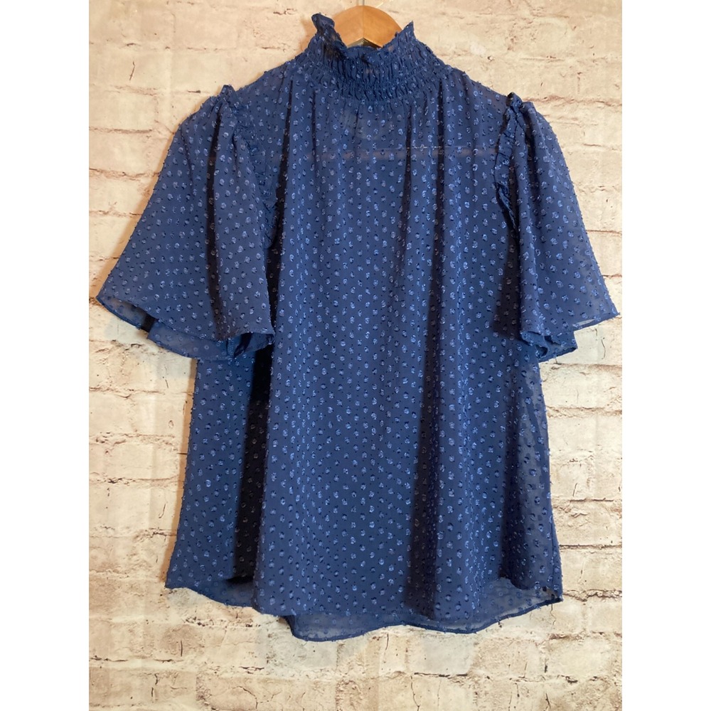 Everleigh Top Womens Small Midnight Blue Embroidered Polkas High Smock Neck